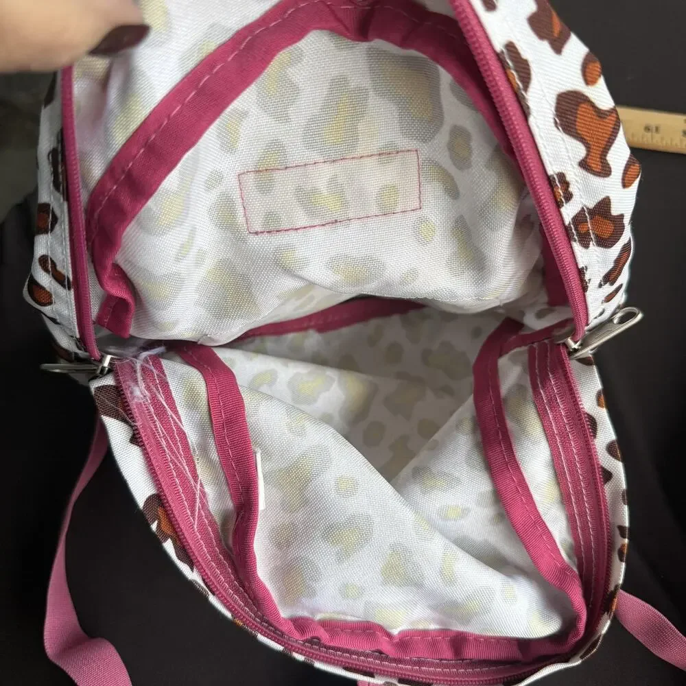 JanSport‎ Mini Backpack Leopard Animal Print White Brown Pink Trim Zip Pocket